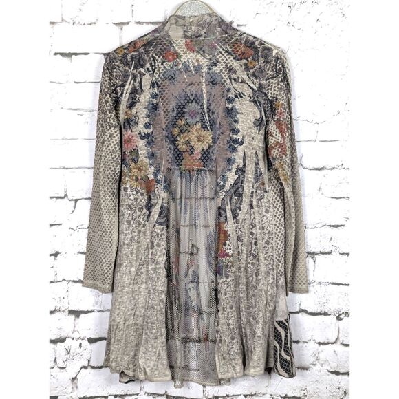 KAMANA "Whispered Tales" Open-Front Cardigan Artsy Lagenlook Floral Mesh Large - Picture 5 of 10
